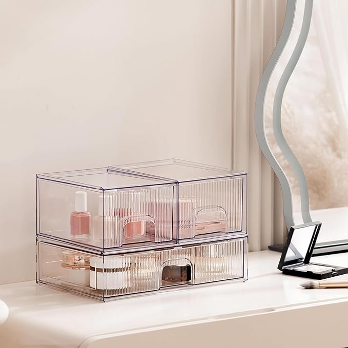 Clear Stackable Desk Storage Drawers, 3 Pack Acrylic Bathroom Makeup Organizers, Easily Assemble All Purpose Plastic Bins for Brightroom, Pantry Organization, Vanity, Undersink, Cabinet