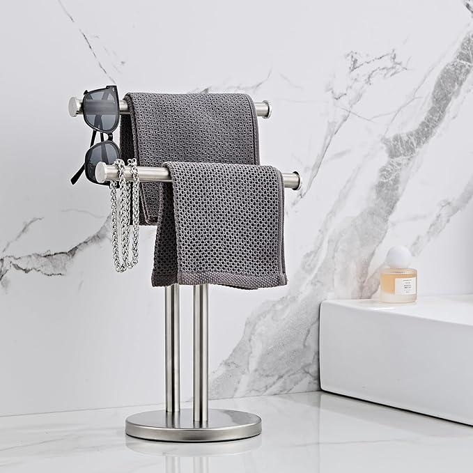 Hand Tower Holder Stand,Floor Standing T-Shaped Double-Layer Towel SUS304 Stainless Steel Bathroom Vanity Countertop,Brushed YIGUANXIN