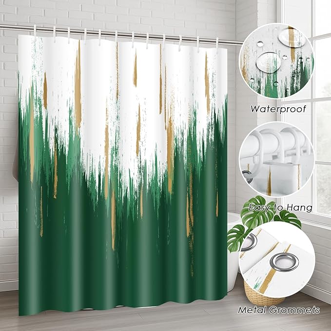 Green Gold White Shower Curtain Set with Toilet Lid Cover and Non-Slip Rugs for Bathroom, Modern Oil Painting Abstract 4 Pcs Shower Curtain, Bathroom Set with 12 Hooks