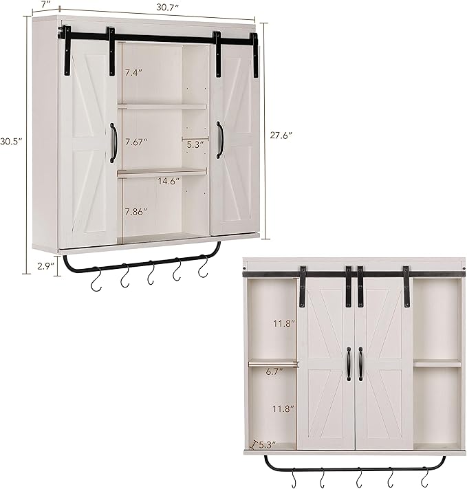 RUSTOWN Rustic Wood Wall Storage Cabinet with Two Sliding Barn Door, 3-Tier Decorative Farmhouse Vintage Cabinet for Kitchen Dining, Bathroom, Living Room, Vintage White
