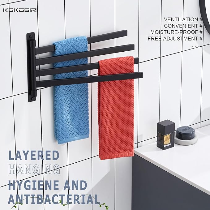 KOKOSIRI Bathroom Towel Bars Swivel Towel Rails Matte Black Swing Out Hand Towel Holder 4-Arm for Bath Kitchen Wall Stainless Steel B5007BK-A4