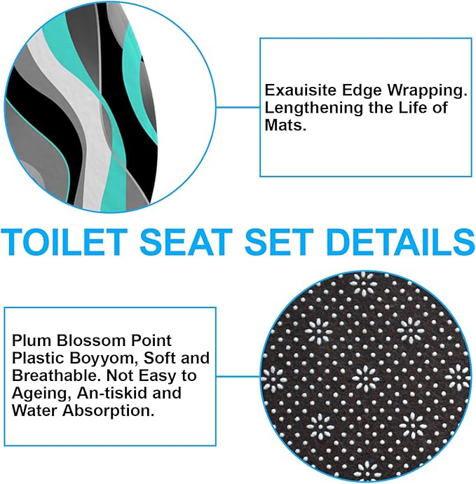 4Pcs Turquoise Shower Curtain Sets with Non-Slip Rugs, Toilet Lid Cover and Bath Mat, Black and Gray Bathroom Decor Set Accessories Fabric Waterproof Shower Curtains with 12 Hooks, 72 x 72 Inch