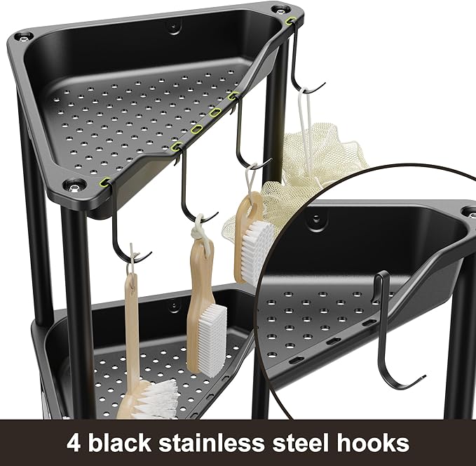 Orimade Rustproof 3 Tier Floor Standing Corner Shower Caddy Organizer, Plastic Metal Splicing Floor Corner Shelf Rack Stands for Bathroom, Black