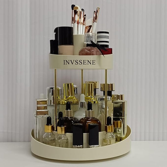 INVSSENE 2 Tiers Rotating Makeup Organizer, Large Makeup Organizer for Vanity, Countertop Storage Shelf for Cosmetics, Skincare, Makeup Brush - Warm White