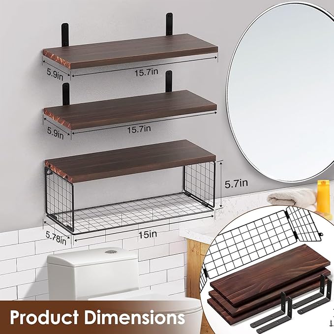 2 in 1 Floating Shelves with Storage Basket, Sturdy Paulownia Wood Wall Shelves for Bathroom Living Room