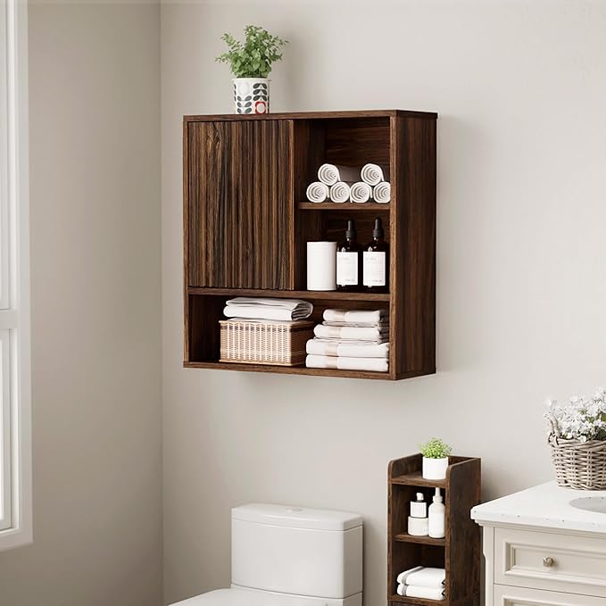 Farmhouse Bathroom Wall Cabinet Fluted,Medicine Cabinet Over The Toilet Storage Cabinet with Adjustable Shelf, Wood Wall Mounted Storage Cabinet Organizer 23.2Wx24Hx7.6D (Dark Walnut, Medium)