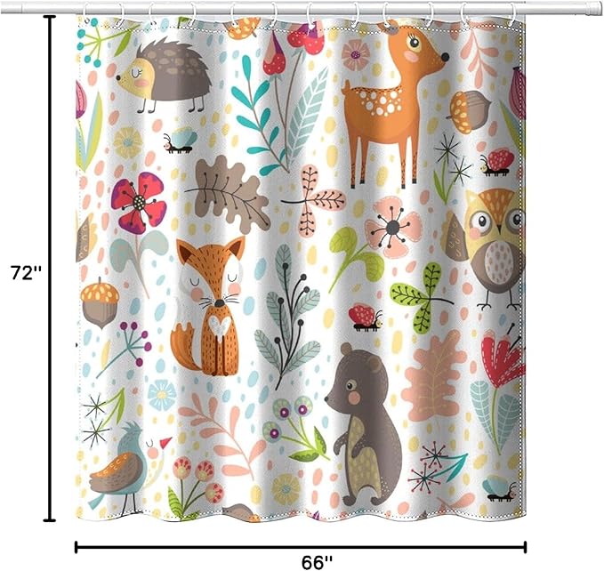 Kids Baby Woodland Shower Curtain Animals Cartoon Girls Children's Cute Cartoon Funny Colorful Weeds Plants Fox Waterproof Fabric Bathroom Decor 66x72 Inches(168x183cm), Style-13