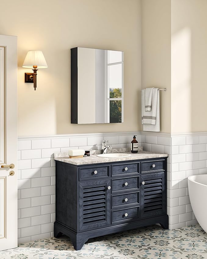CHOEZON Bathroom Medicine Cabinet, Wall-Mounted Bathroom Vanity with Mirror, Bathroom Medicine Cabinet with Storage Function, Hanging Storage Cabinet, Adjustable Shelves, Black