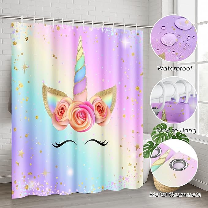 Arttown Pink Unicorn Rainbow Bathroom Set with Shower Curtain and Rugs and Accessories, Colorful Gradient Floral Shower Curtains, Modern Art Bathroom Decor 4 Pcs