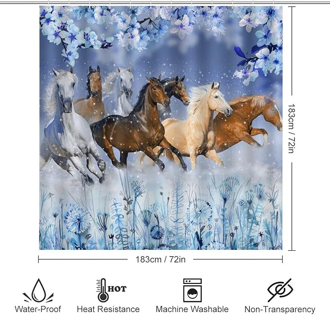 Beautiful Horses 4 Pcs Waterproof Shower Curtain Set,Realistic Modern Winter Forest Farm Animal Horse Blue Flowers with Waterproof Toilet Cover Shower Mat Rugs