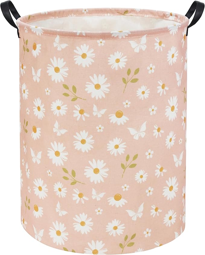 Pink Daisy Kids Laundry Basket Baby Hamper Daisy Toy Storage Bin for Boys Room Decor Baby Nursery Hamper Gift Baskets for Bedroom Bathroom(Pink Daisy)