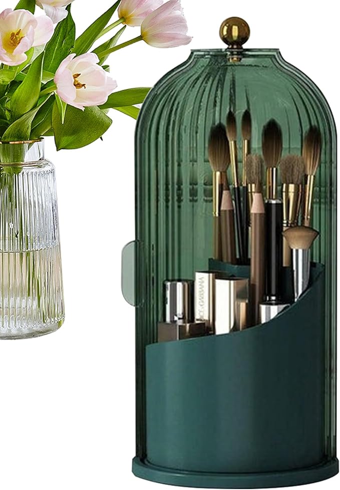 Multi-function Rotating Bird Cage Toiletries Storage Rack ?€? Makeup Organizer, Brush Holder | Transparent Dust-proof Box, 360 Rotating Design for Dressing Tables, Desktops, Bathroom Countertops