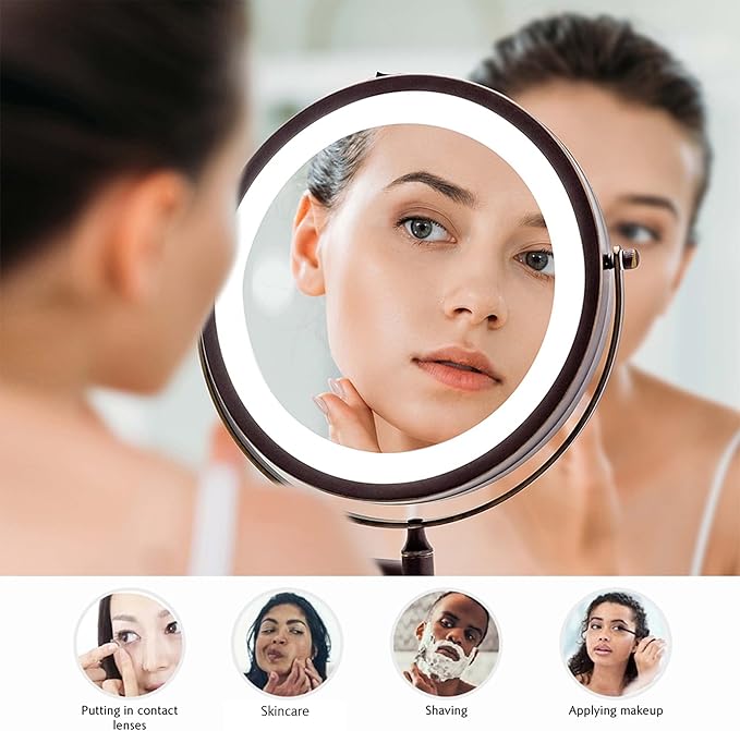 OVENTE 9" Lighted Wall Mount Makeup Mirror with 1X/7X Magnification, Cordless Double Sided Magnifying Round Vanity Mirror, 360° Swivel Design, Extendable and Folding Arm, Antique Bronze MFW85ABZ1X7X