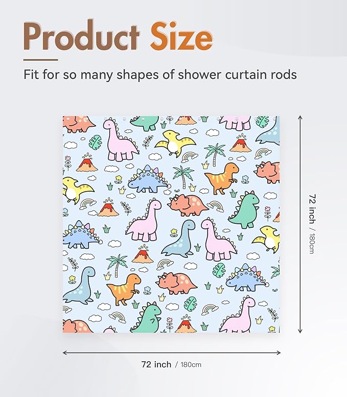 MAMUSE Shower Curtain for Bathroom - Cute Aesthetic Decorative Modern Girly Unique Girls Design Pretty Women Waterproof Fabric Cloth Cortinas de Baño Bathtub 72 x 72 Inch, Little Dino
