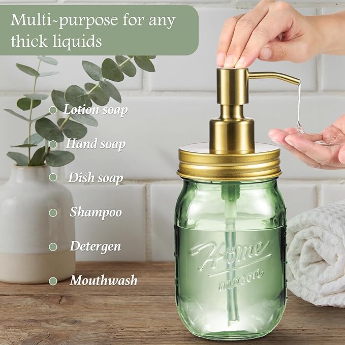 Amolliar Green Bathroom Accessories Set, 4Pcs Mason Jar Glass Bathroom Set, Lotion Soap Dispenser, Toothbrush Holder, 2 Qtip Holders, Rustic Farmhouse Bathroom Decor, Countertop Vanity Organizer, Gold