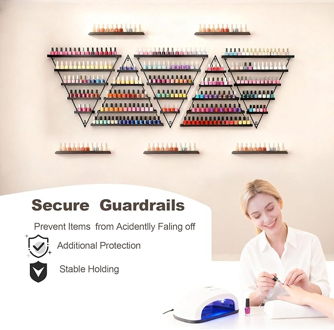 5 Tiers Triangular Nail Polish Rack for The Wall, 10PCS Metal Wall Mounted Display Shelves for Lipstick, Perfume, Home Spa, Salon Shop