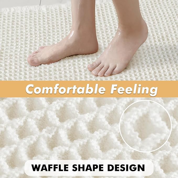 MIULEE Set of 2 Waffle Bathroom Runner Rugs, Boho Bath Rugs Non Slip Washable, Super Absorbent Runner Bath Mats, Rubber Backed Shower Mats for Hallway Bedroom Laundry Room, White, 2'x5'(24x60 Inch)