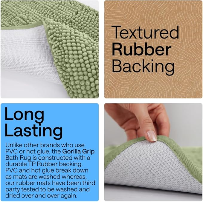 GORILLA GRIP Bath Rug Mat 48x17, Soft Absorbent Chenille, Quick Dry Microfiber Mats, Rubber Backing Washable Shower Floor Rugs, Bathmat Runner, US Designed Bathroom Home Decor Accessories Sage Green