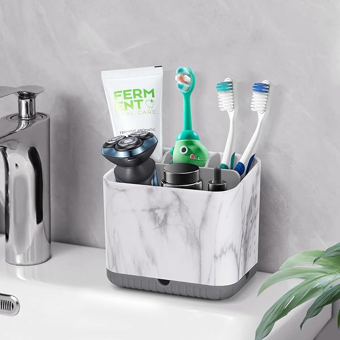 PARKMANI Toothbrush Holders for Bathrooms, Tooth Brush Holder for Bathroom Countertop Organizer, Kids Electric Toothbrush and Toothpaste Holder (Grey Marble Grain)