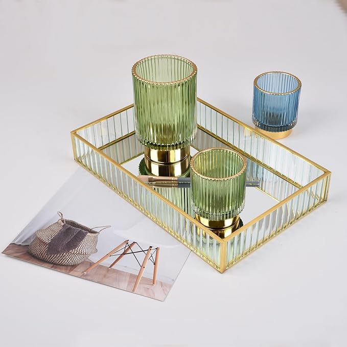 Glass Makeup Brush Holder Organizer, Gold Toothbrush Holders for Bathroom, Green Makeup Brush Holder Cup for Vanity, Desktop Crystal Eyeliners Eyebrow Pencil Storage Cup Holder