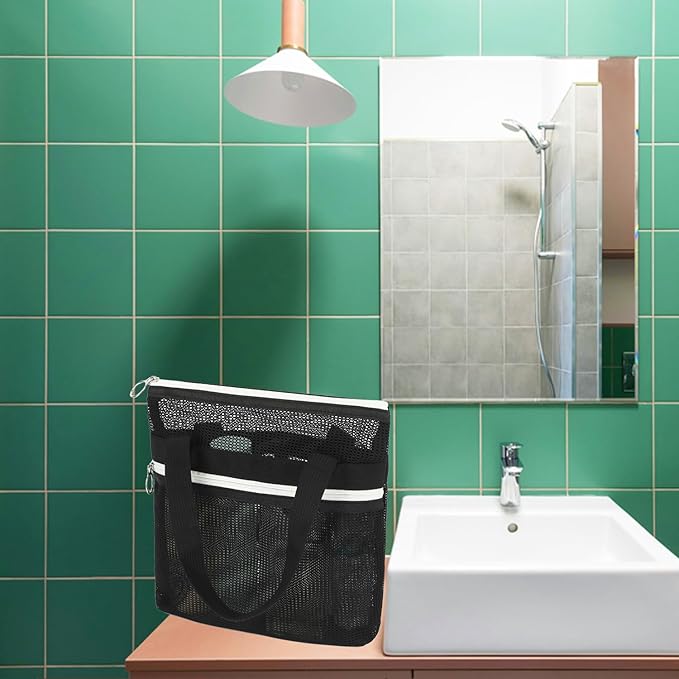 Fammart Mesh Shower Caddy Portable with Zipper & 2 Pockets - Quick Dry Shower Bag Toiletry Tote Hanging for Travel Gym Camp Beach - Organizer Bag Bathroom Essentials for College Dorm