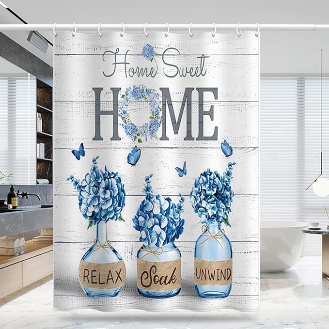 NBVKO 4 PCS Blue Hydrangea Shower Curtain Set,Home Sweet Bathroom Set with Rugs and Accessories,Farmhouse Country Bathroom Decor
