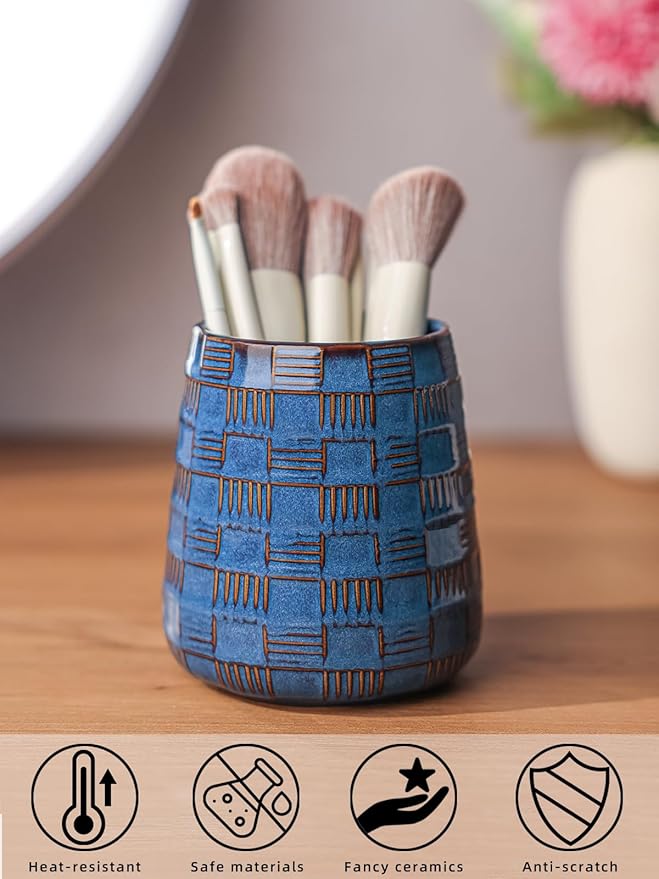 Ceramic Makeup Brush Holders, Bathroom Vanity and Countertop,Make up Brushes Cup for Cosmetics, Lipsticks, Bathroom Vanity Desktop Storage (Vintage Blue)