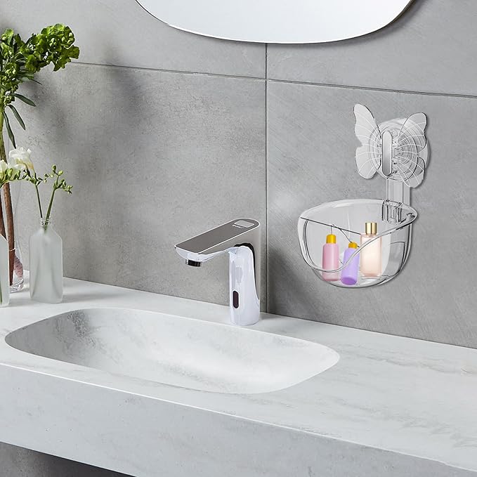 Self Adhesive Shower Shelves, Makeup Sponge Holder, Clear Shower Shelves Bottom Equipped with Drainage Holes and Powerful Butterfly Pressure Suction Cups, Adhesive Bathroom Shelves (Translucent gray)
