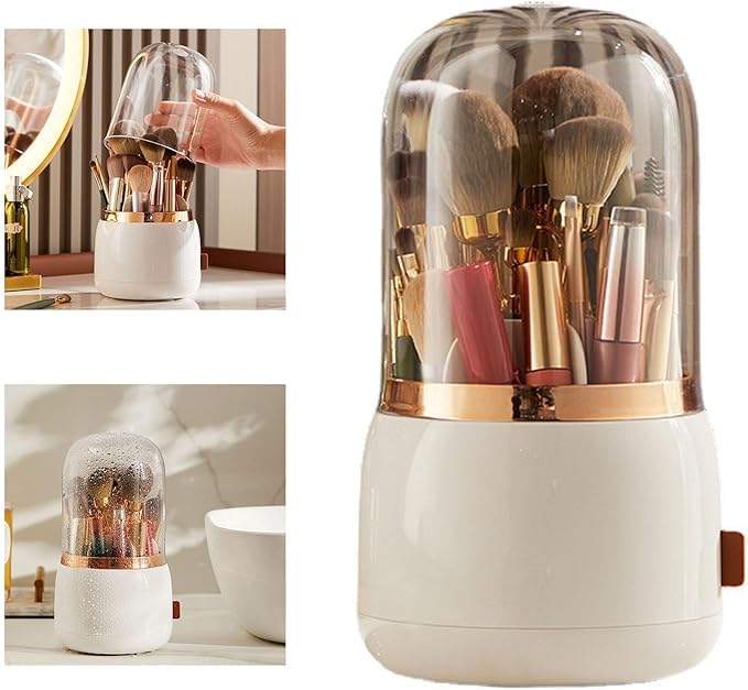 Makeup Brush Holder, Makeup Brush Organizer Makeup Brush Holder Organizer with Lid 360?? Rotating Makeup Storage for Home (White)