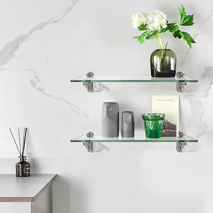 khtumeware 24 Inches Glass Shelves for Bathroom, Antique Silver Floating Glass Shelf Zinc Tempered Glass Bathroom Shelves for Wall Mount Modern