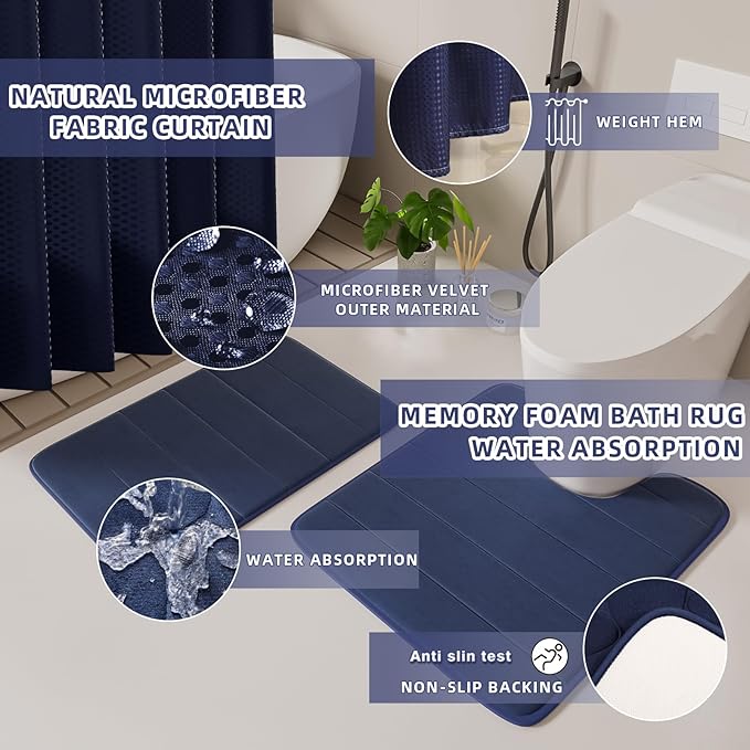 XLHOMO Bathroom Set - 25PC Blue Bathroom Set with Shower Curtain and Rugs, Bathroom Accessories Set, Blue Shower Curtain Set with Bathroom Trash Can