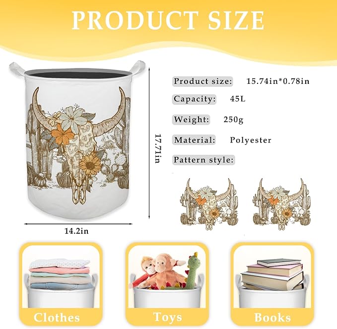 Western Laundry Basket, Vintage Western Floral Bull Skull Waterproof Collapsible Laundry Hamper Dirty Clothes Storage Toy Bin Organizer for Western Bathroom Bedroom, Western Home Decor
