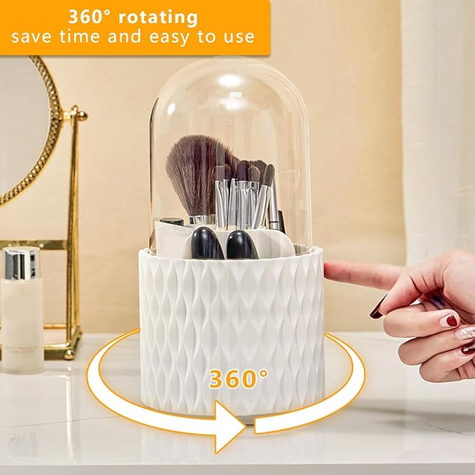 LIVETA Dustproof Makeup Brush Holder with Clear Lid, Rotating Multifunctional Large Capacity Pen Holder Storage for Desk,Cosmetics Makeup Brushes Organizer for Vanity and Bathroom Countertop(White)