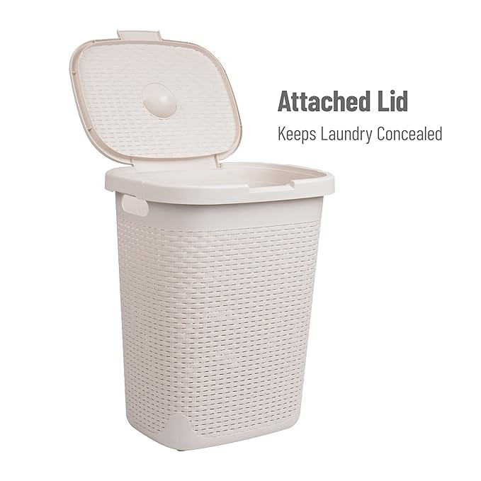 Mind Reader Slim Laundry Hamper with Lid, 50L Clothes Basket, Premium Wicker Design, Plastic, Ivory