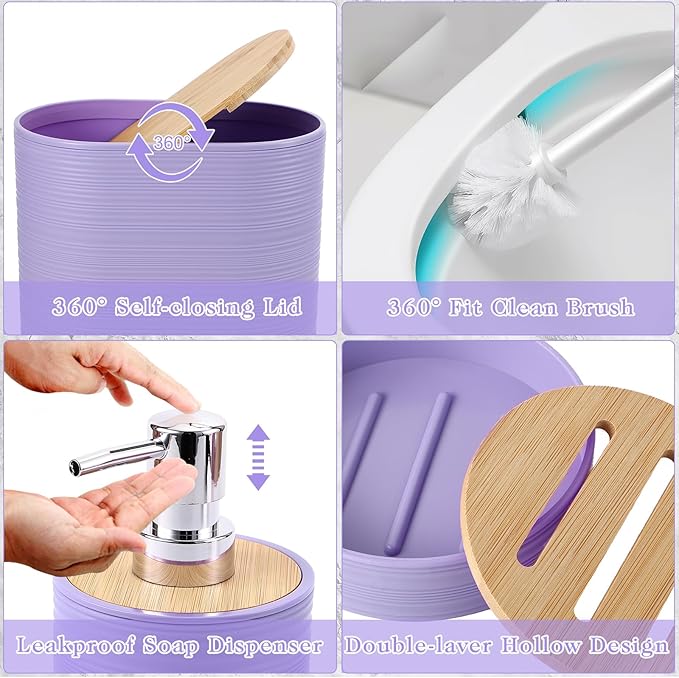 XLHOMO Purple Bathroom Set, Purple Bathroom Accessories Set with Shower Curtain, Bath Towel Set, Trash Can, 2PCS Soap Dispensers, Soap Dish, Toothbrush Holder and Cup,Toilet Brush for Bathroom Decor