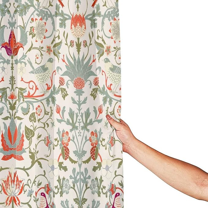 Bohemia William Morris Art Fabric Shower Curtain,Abstract Retro Mid Century Boho Floral Bird Hotel Quality,Machine Washable,84L x72W for Bathroom.