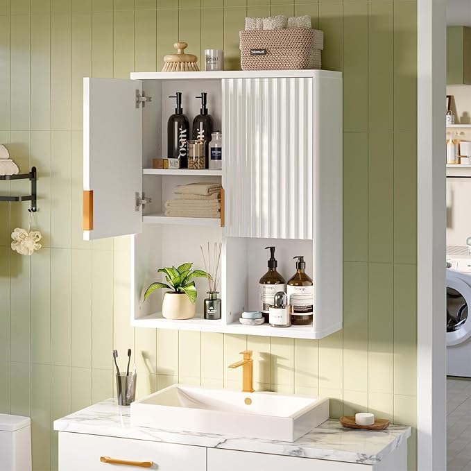 Besiter Fluted Bathroom Wall Cabinet, 23"x 29" Wall Mounted Medicine Cabinet with 2 Doors & Adjustable Shelves, Over The Toilet Storage Cabinet for Laundry Rroom, Kitchen & Living Room (Glossy White)