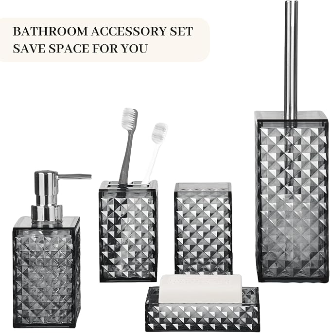 Bathroom Accessory Set, Grid Pattern 5 Pcs Plastic Bathroom Set Include Toilet Bursh, Soap Dispenser, Soap Dish, Toothbrush Holder, Mousewash Cup, Modern Bahtroom Décor Set(Dark Grey)