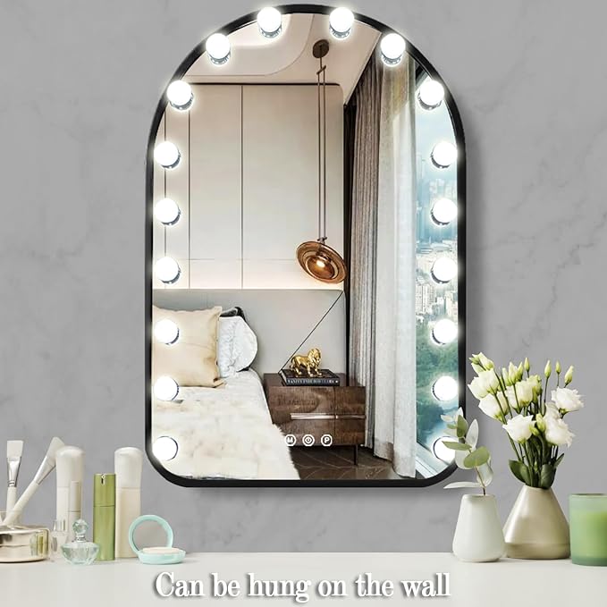 32 x 24 Inch Hollywood Black Arch Vanity Mirror with Lights 3 Color Dimmable Black Arched Lighted Vanity Mirror for TableTop Wall Detachable Base X10 Magnifying Arch Makeup Mirror with Lights