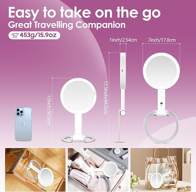 20x Magnifying Mirror with Light, Travel Mirror with Light, Lighted Makeup Mirrors with Magnification, Hand Held Mirrors with Handle, Portable Tabletop, Suitable for Bathroom