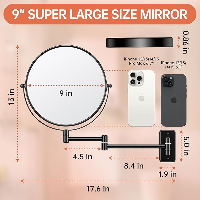 Benbilry 9" Large Size Wall Mounted Makeup Vanity Mirror, 1X/10X Magnifying Double Sided Shaving Mirror for Bathroom, 360° Swivel Extendable Arm, Black