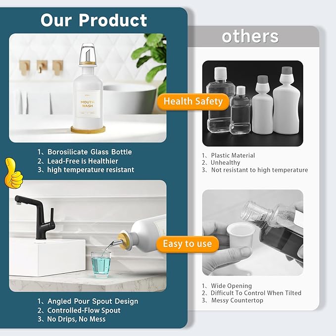 White Glass Mouthwash Dispenser for Bathroom Countertop – 14oz/410ml Refillable Mouthwash Container with Glass Cup & Bamboo Tray, Modern Bathroom Decor for Home, Vacation Rentals, Gym (White)