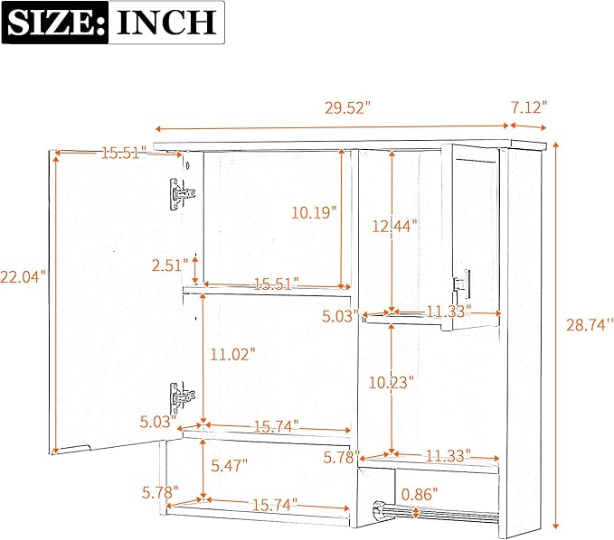 Merax Medicine Cabinet for Bathroom, Wall Mount Bathroom Cabinet with Mirror, Open Shelf, and Towel Bar, 29.5" W x 28.7" H Over The Toilet Mirrored Bath Wall Cabinet