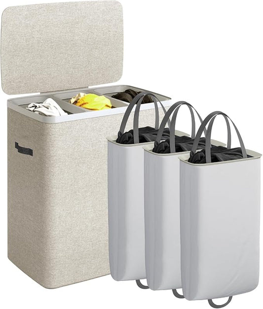 CASAMAYA Laundry Basket with Lid, Laundry Hamper 3 Section, 190L collapsible Laundry Organizer, Easy Assembly, with Handles and Removable Liners, 25.2 x 15.7 x 29.5 Inches, Beige JSP904M