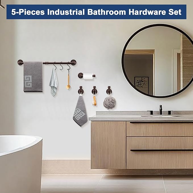 NearMoon 5-Pieces Industrial Pipe Bathroom Hardware Set, Include 18 Inch Towel Bar, Toilet Paper Holder and 3 Robe Hooks, Heavy Duty DIY Style Wall Mounted Rustic Decor Accessories Kit (Bronze)