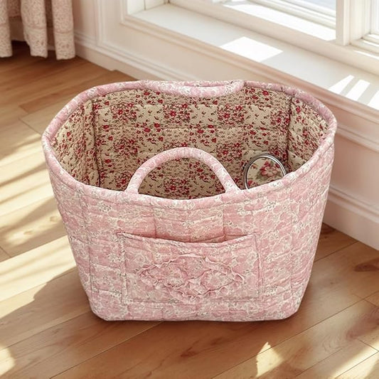 Quilted Fabric Storage Basket Boho Floral Laundry Baskets with Handles Collapsible Quilted Soft Basket for Car, Clothes, Toys Storage