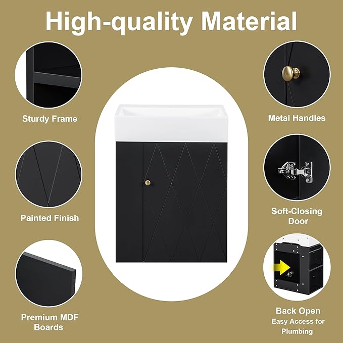 Virubi 20" Floating Bathroom Vanity with Sink, Soft Closing Door,and Storage Shelves, Solid Wood Frame & MDF Modern Single Small Bathroom Vanity Cabinet with Open Shelf,Wall Mounted Black