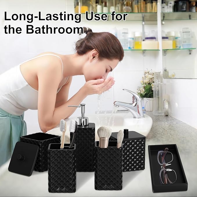Bathroom Accessories Set Resin 6PCS, Square Toothbrush Holders Set Complete with Soap Dispenser, Vanity Tray, Tumbler, Cups and Cotton Swab Jars (Black Diamond, Resin Bath 6 PCS)
