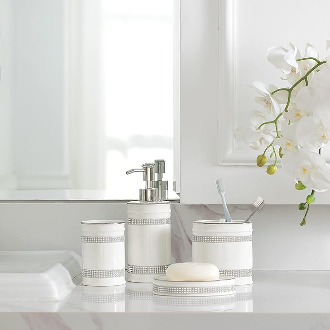 Bathroom Accessories Set, 4-Piece Ceramic Bath Accessory Complete Set with Lotion Dispenser/Soap Pump, Tumbler, Soap Dish and Toothbrush Holder (Rhinestones, White)