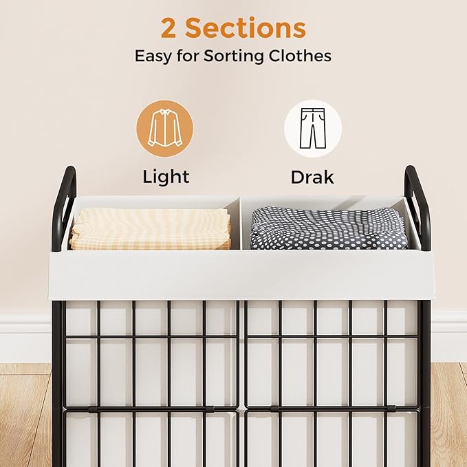2 Section Laundry Hamper with Wheels and Brake, 100L Laundry Sorter Cart with 2 Removable Liner Bags, Metal Handle, Rolling Laundry Basket for Bedroom Laundry Room